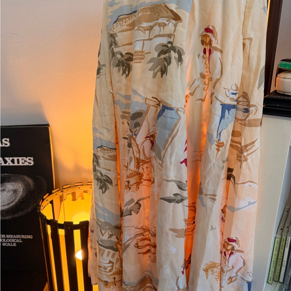 Scenic Print Cream Long Maxi Skirt